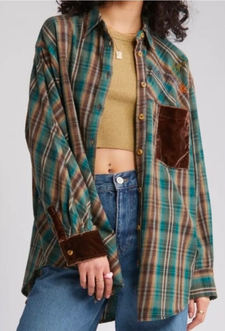 Urban Outfitters BDG Green Combo Plaid Kit Patchwork Button Down Shirt